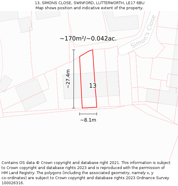 13, SIMONS CLOSE, SWINFORD, LUTTERWORTH, LE17 6BU: Plot and title map