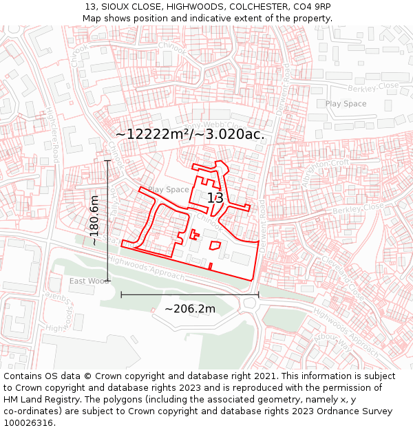 13, SIOUX CLOSE, HIGHWOODS, COLCHESTER, CO4 9RP: Plot and title map