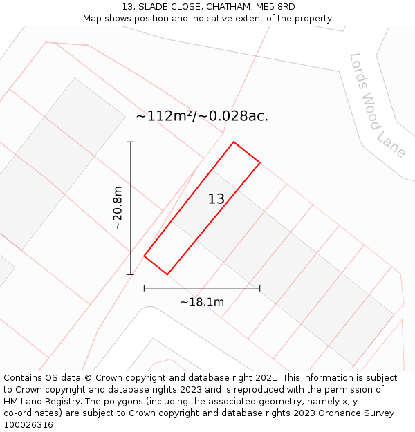 13, SLADE CLOSE, CHATHAM, ME5 8RD: Plot and title map