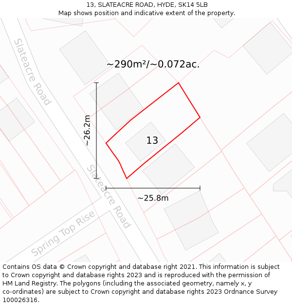 13, SLATEACRE ROAD, HYDE, SK14 5LB: Plot and title map