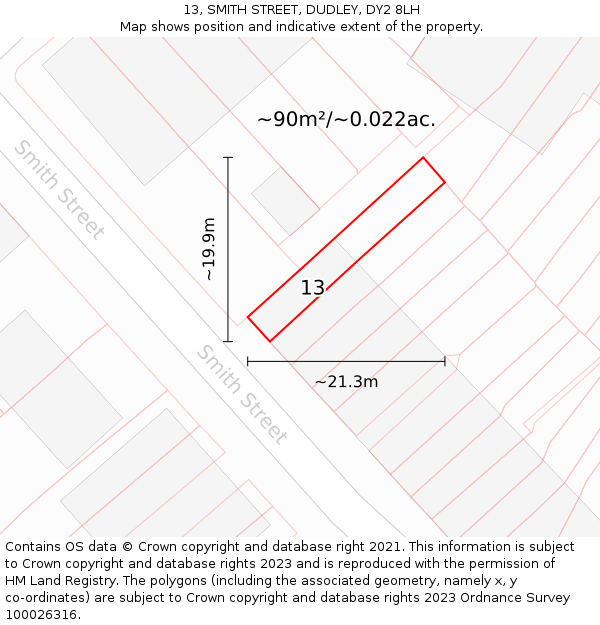 13, SMITH STREET, DUDLEY, DY2 8LH: Plot and title map