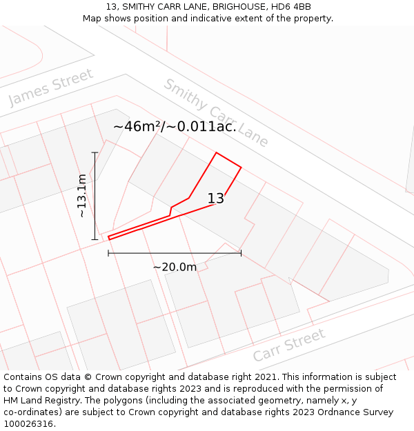13, SMITHY CARR LANE, BRIGHOUSE, HD6 4BB: Plot and title map