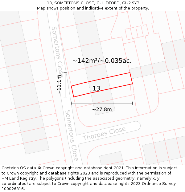 13, SOMERTONS CLOSE, GUILDFORD, GU2 9YB: Plot and title map