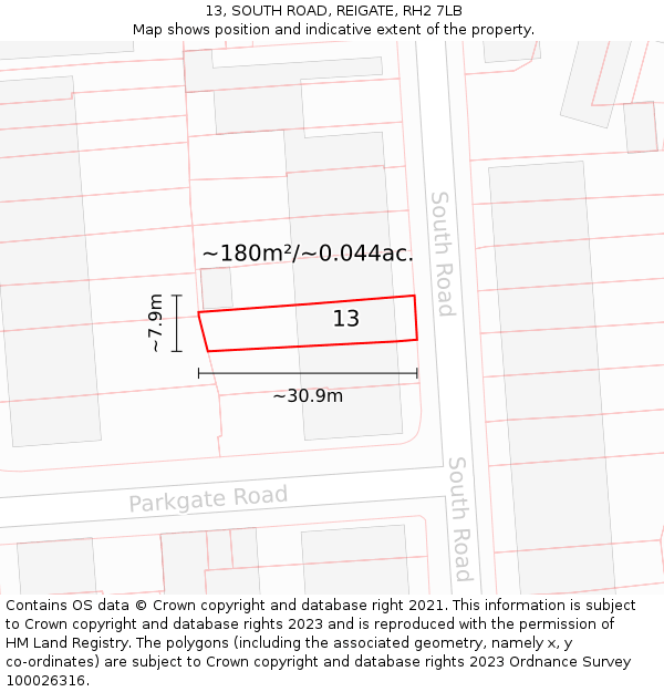 13, SOUTH ROAD, REIGATE, RH2 7LB: Plot and title map