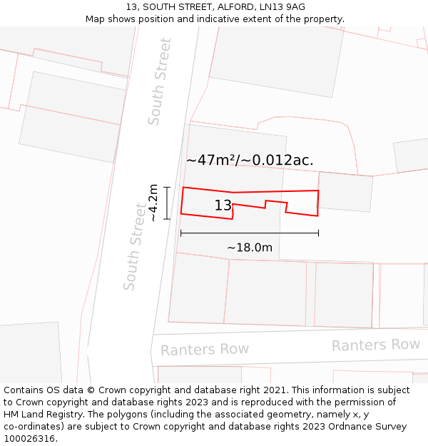 13, SOUTH STREET, ALFORD, LN13 9AG: Plot and title map
