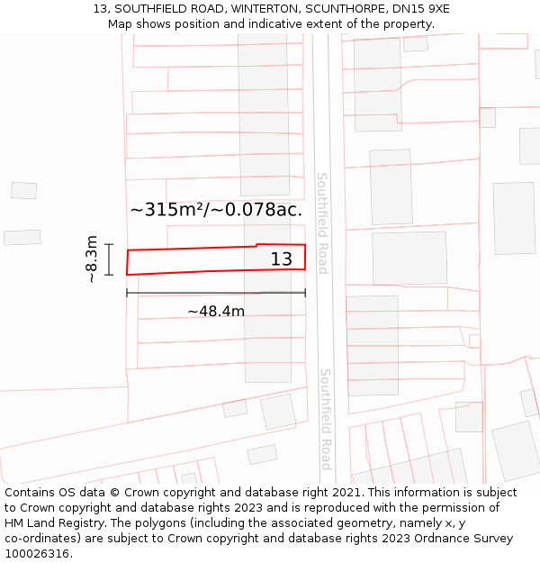 13, SOUTHFIELD ROAD, WINTERTON, SCUNTHORPE, DN15 9XE: Plot and title map
