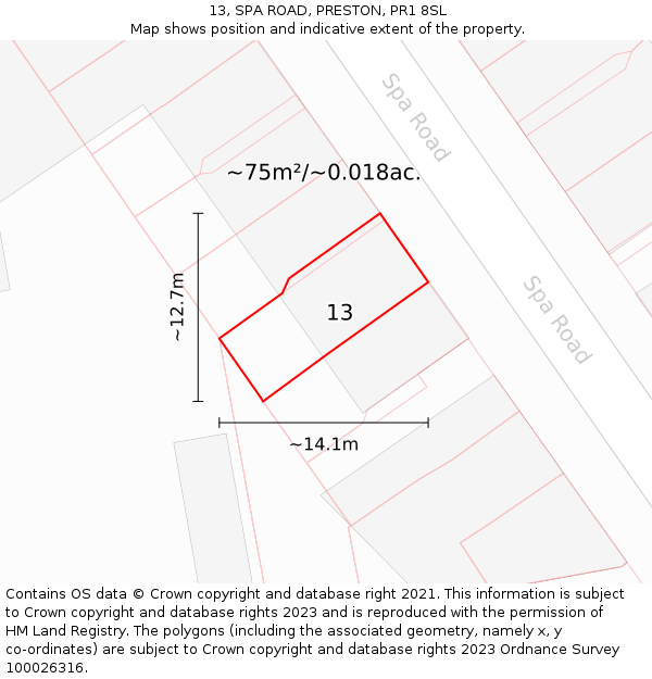 13, SPA ROAD, PRESTON, PR1 8SL: Plot and title map