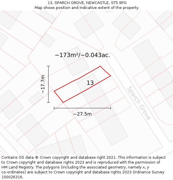 13, SPARCH GROVE, NEWCASTLE, ST5 9PG: Plot and title map