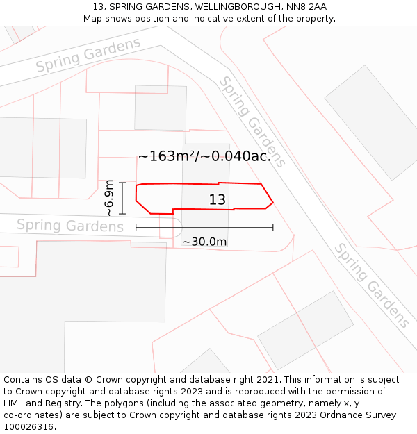 13, SPRING GARDENS, WELLINGBOROUGH, NN8 2AA: Plot and title map