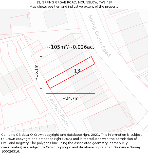 13, SPRING GROVE ROAD, HOUNSLOW, TW3 4BF: Plot and title map