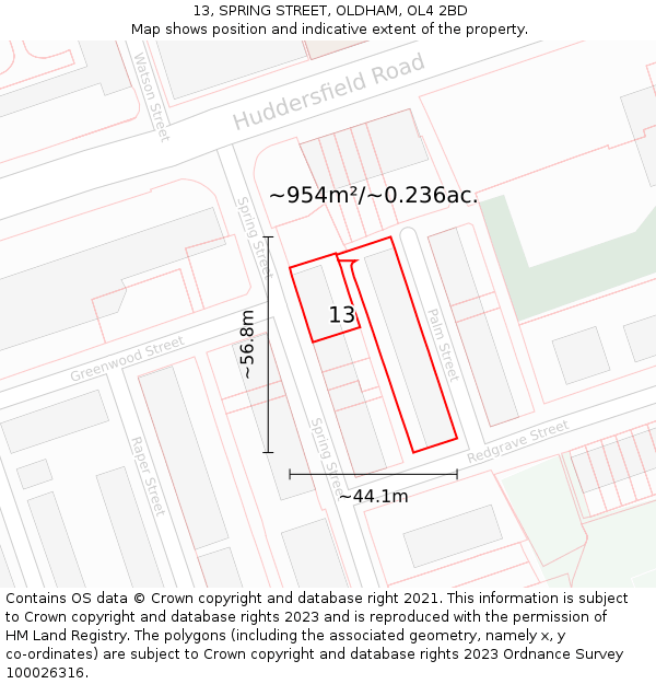 13, SPRING STREET, OLDHAM, OL4 2BD: Plot and title map