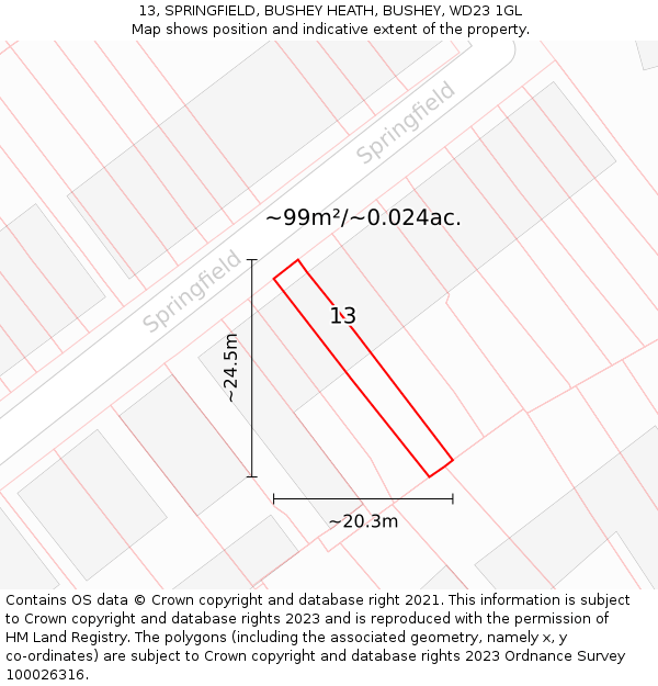 13, SPRINGFIELD, BUSHEY HEATH, BUSHEY, WD23 1GL: Plot and title map