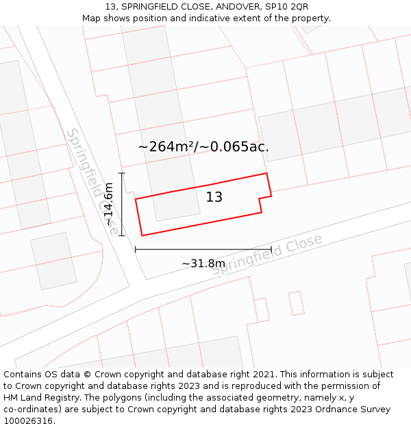 13, SPRINGFIELD CLOSE, ANDOVER, SP10 2QR: Plot and title map
