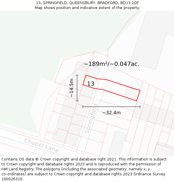 13, SPRINGFIELD, QUEENSBURY, BRADFORD, BD13 2QF: Plot and title map