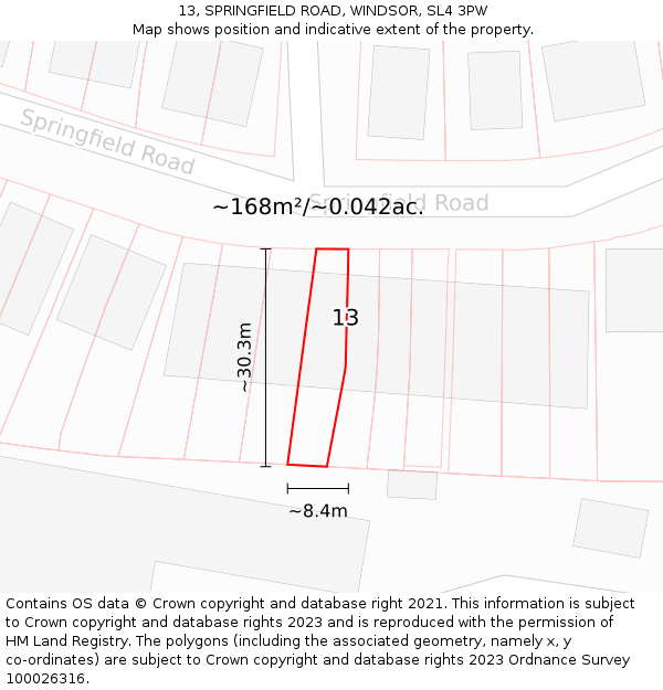 13, SPRINGFIELD ROAD, WINDSOR, SL4 3PW: Plot and title map