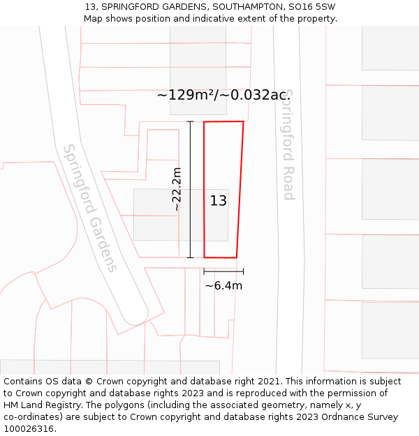 13, SPRINGFORD GARDENS, SOUTHAMPTON, SO16 5SW: Plot and title map