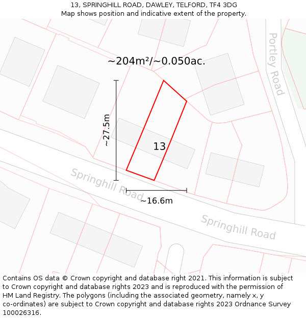 13, SPRINGHILL ROAD, DAWLEY, TELFORD, TF4 3DG: Plot and title map
