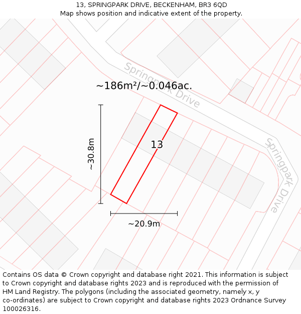 13, SPRINGPARK DRIVE, BECKENHAM, BR3 6QD: Plot and title map