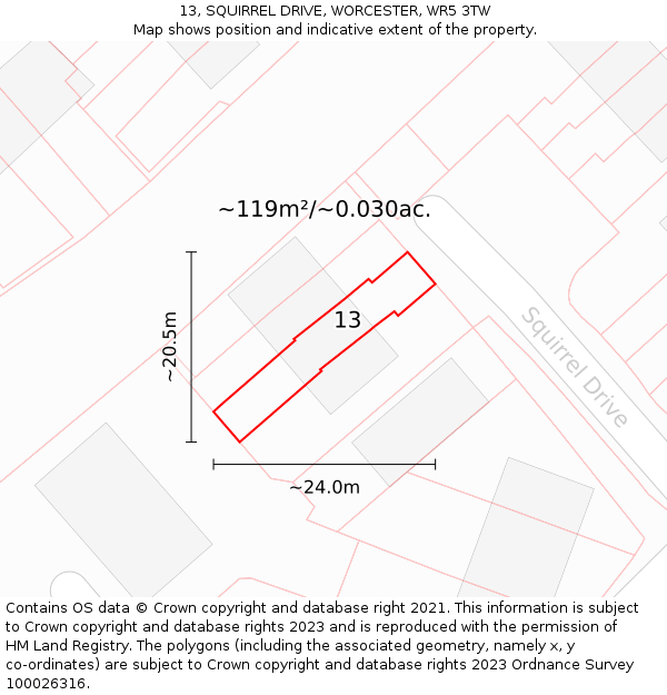 13, SQUIRREL DRIVE, WORCESTER, WR5 3TW: Plot and title map