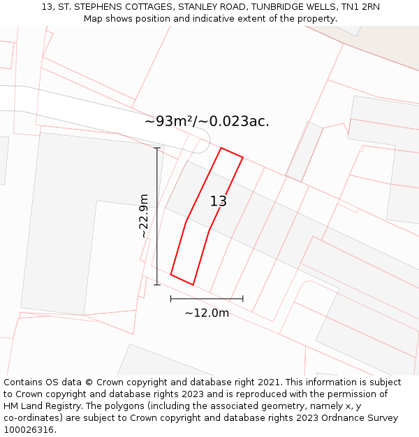 13, ST. STEPHENS COTTAGES, STANLEY ROAD, TUNBRIDGE WELLS, TN1 2RN: Plot and title map