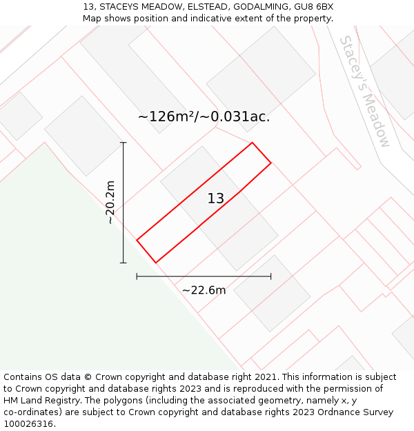 13, STACEYS MEADOW, ELSTEAD, GODALMING, GU8 6BX: Plot and title map