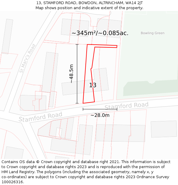 13, STAMFORD ROAD, BOWDON, ALTRINCHAM, WA14 2JT: Plot and title map