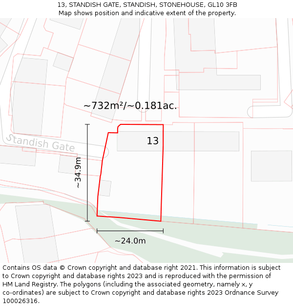 13, STANDISH GATE, STANDISH, STONEHOUSE, GL10 3FB: Plot and title map