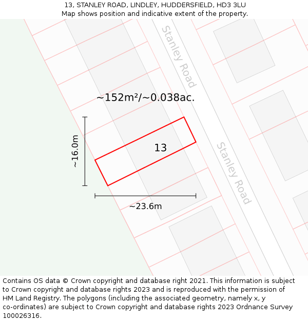 13, STANLEY ROAD, LINDLEY, HUDDERSFIELD, HD3 3LU: Plot and title map