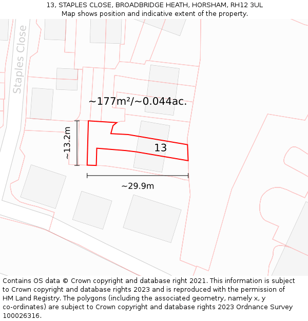 13, STAPLES CLOSE, BROADBRIDGE HEATH, HORSHAM, RH12 3UL: Plot and title map