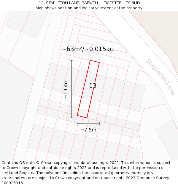 13, STAPLETON LANE, BARWELL, LEICESTER, LE9 8HD: Plot and title map
