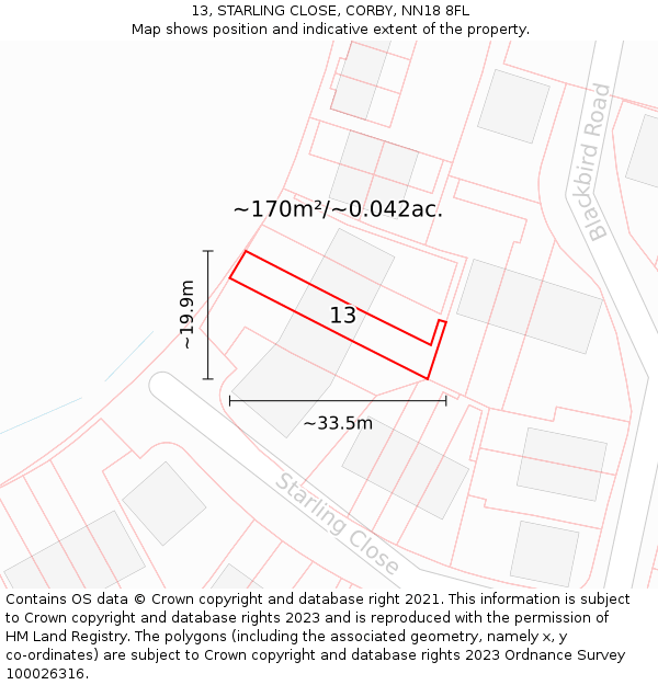13, STARLING CLOSE, CORBY, NN18 8FL: Plot and title map