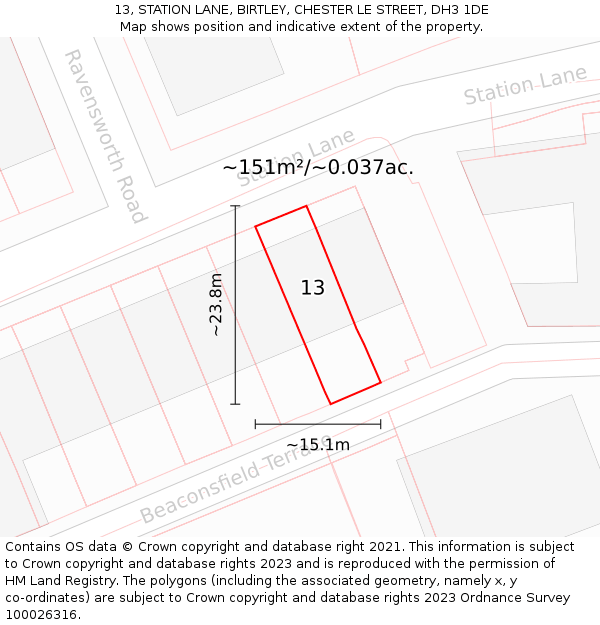 13, STATION LANE, BIRTLEY, CHESTER LE STREET, DH3 1DE: Plot and title map