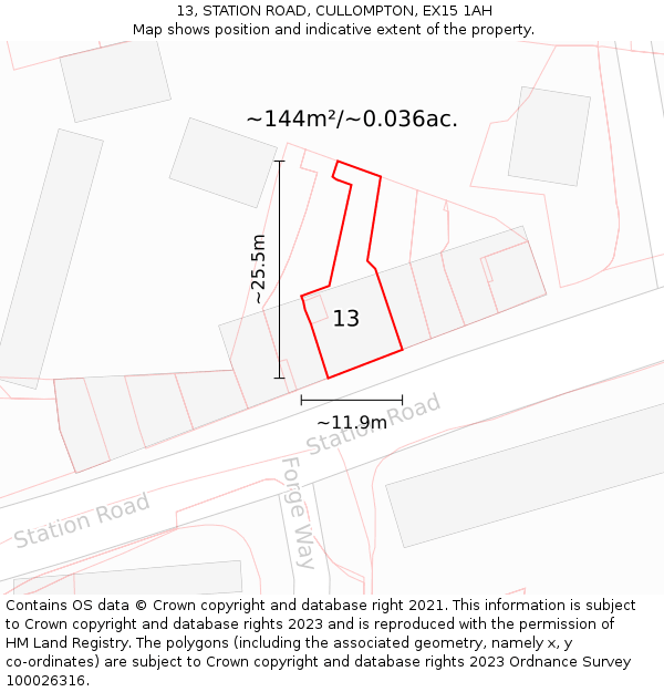 13, STATION ROAD, CULLOMPTON, EX15 1AH: Plot and title map