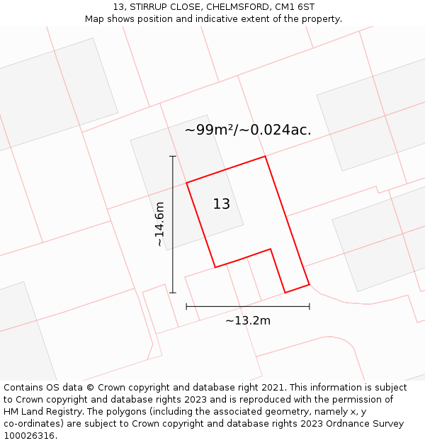 13, STIRRUP CLOSE, CHELMSFORD, CM1 6ST: Plot and title map