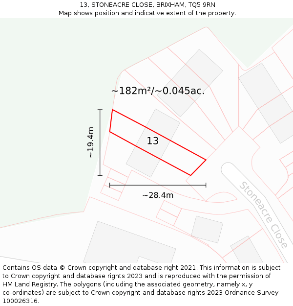 13, STONEACRE CLOSE, BRIXHAM, TQ5 9RN: Plot and title map