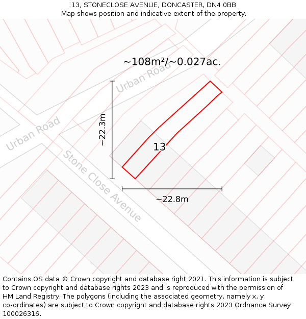 13, STONECLOSE AVENUE, DONCASTER, DN4 0BB: Plot and title map