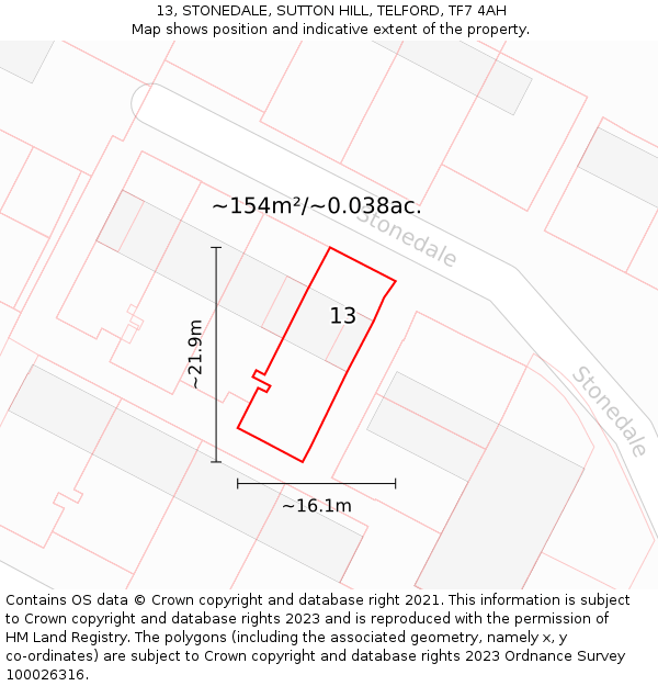 13, STONEDALE, SUTTON HILL, TELFORD, TF7 4AH: Plot and title map
