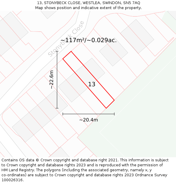 13, STONYBECK CLOSE, WESTLEA, SWINDON, SN5 7AQ: Plot and title map