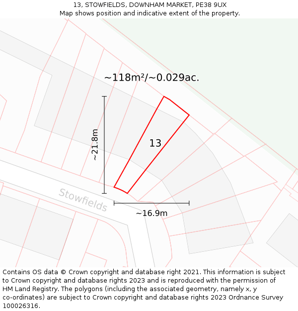 13, STOWFIELDS, DOWNHAM MARKET, PE38 9UX: Plot and title map