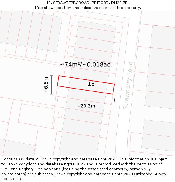 13, STRAWBERRY ROAD, RETFORD, DN22 7EL: Plot and title map