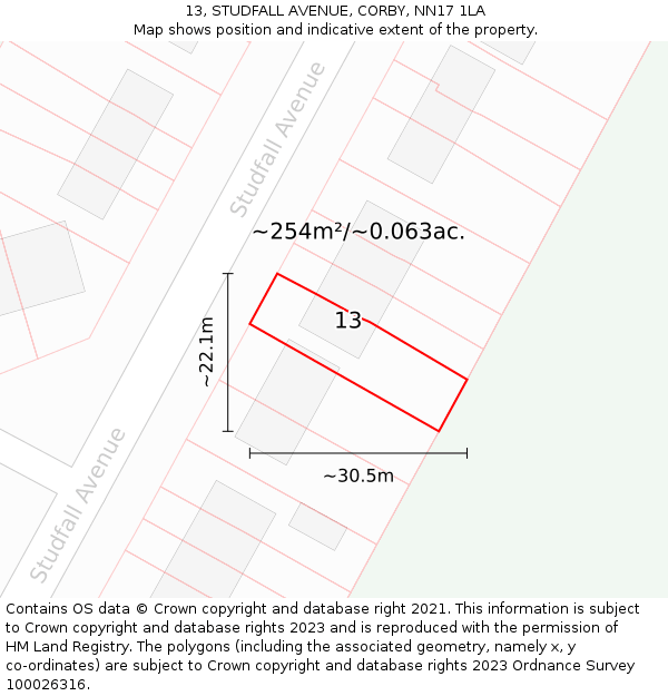 13, STUDFALL AVENUE, CORBY, NN17 1LA: Plot and title map