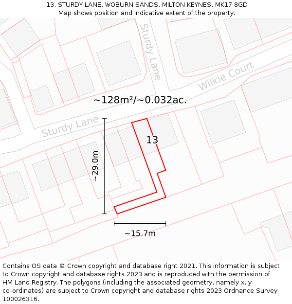 13, STURDY LANE, WOBURN SANDS, MILTON KEYNES, MK17 8GD: Plot and title map