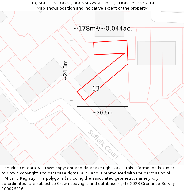 13, SUFFOLK COURT, BUCKSHAW VILLAGE, CHORLEY, PR7 7HN: Plot and title map