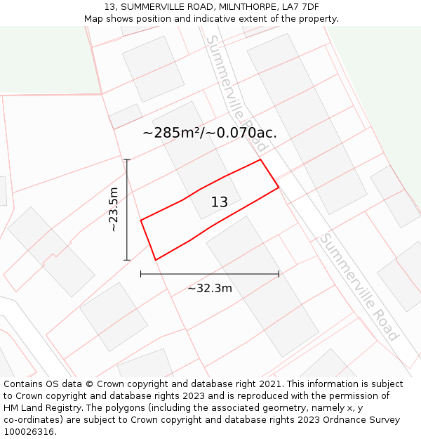 13, SUMMERVILLE ROAD, MILNTHORPE, LA7 7DF: Plot and title map