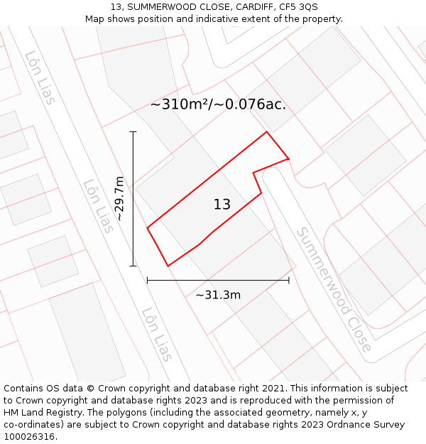 13, SUMMERWOOD CLOSE, CARDIFF, CF5 3QS: Plot and title map
