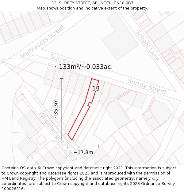 13, SURREY STREET, ARUNDEL, BN18 9DT: Plot and title map