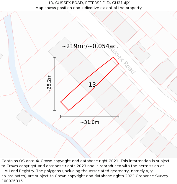 13, SUSSEX ROAD, PETERSFIELD, GU31 4JX: Plot and title map