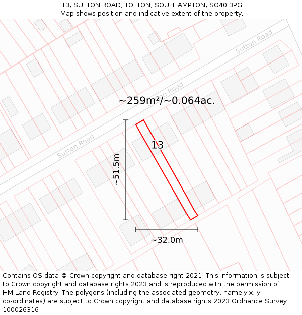 13, SUTTON ROAD, TOTTON, SOUTHAMPTON, SO40 3PG: Plot and title map