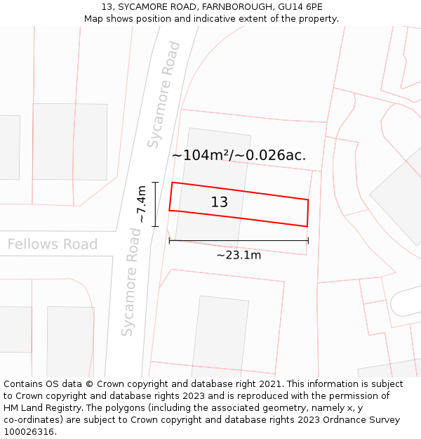 13, SYCAMORE ROAD, FARNBOROUGH, GU14 6PE: Plot and title map