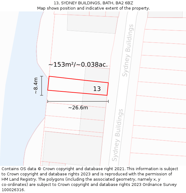 13, SYDNEY BUILDINGS, BATH, BA2 6BZ: Plot and title map